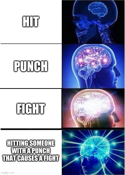 Expanding Brain | HIT; PUNCH; FIGHT; HITTING SOMEONE WITH A PUNCH THAT CAUSES A FIGHT | image tagged in memes,expanding brain | made w/ Imgflip meme maker