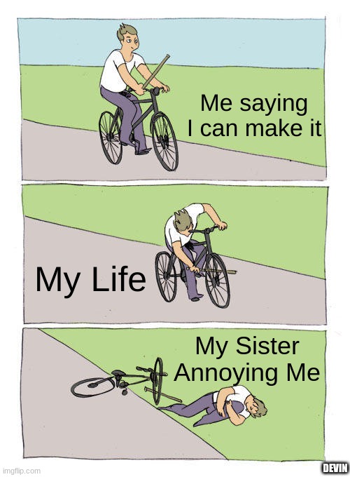 They teamed up and stopped me | Me saying I can make it; My Life; My Sister Annoying Me; DEVIN | image tagged in memes,bike fall | made w/ Imgflip meme maker