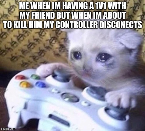 Sad Gamer Cat | ME WHEN IM HAVING A 1V1 WITH MY FRIEND BUT WHEN IM ABOUT TO KILL HIM MY CONTROLLER DISCONECTS | image tagged in sad gamer cat | made w/ Imgflip meme maker