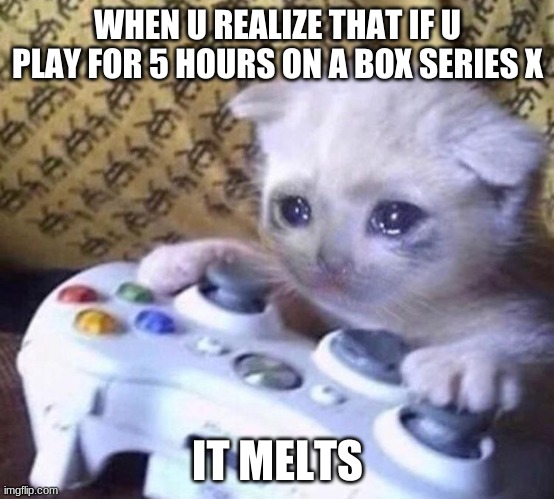 Sad Gamer Cat | WHEN U REALIZE THAT IF U PLAY FOR 5 HOURS ON A BOX SERIES X; IT MELTS | image tagged in sad gamer cat | made w/ Imgflip meme maker