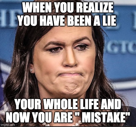 Sarah Huckabee Sander and her STUPIDITY | WHEN YOU REALIZE YOU HAVE BEEN A LIE; YOUR WHOLE LIFE AND NOW YOU ARE " MISTAKE" | image tagged in sarah huckabee sanders,democrats,stupid people,memes,republicans,politics | made w/ Imgflip meme maker