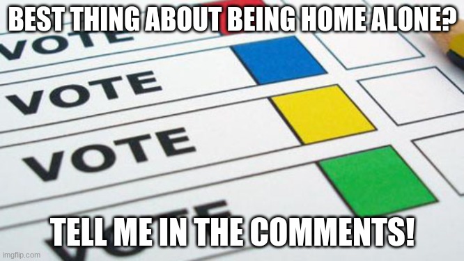 I'll tell at 1 comment! | BEST THING ABOUT BEING HOME ALONE? TELL ME IN THE COMMENTS! | image tagged in political poll | made w/ Imgflip meme maker