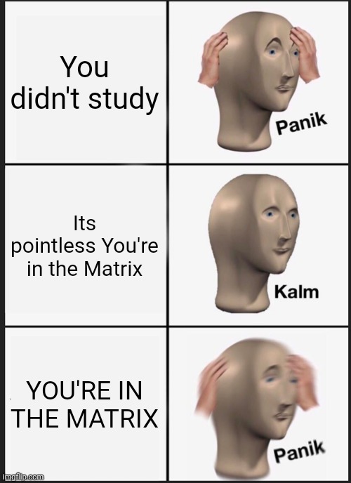 Panik Kalm Panik | You didn't study; Its pointless You're in the Matrix; YOU'RE IN THE MATRIX | image tagged in memes,panik kalm panik | made w/ Imgflip meme maker
