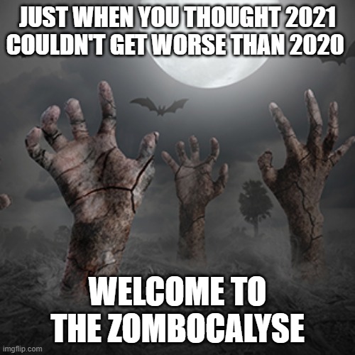 Horror 1 | JUST WHEN YOU THOUGHT 2021 COULDN'T GET WORSE THAN 2020; WELCOME TO THE ZOMBOCALYSE | image tagged in horror 1 | made w/ Imgflip meme maker