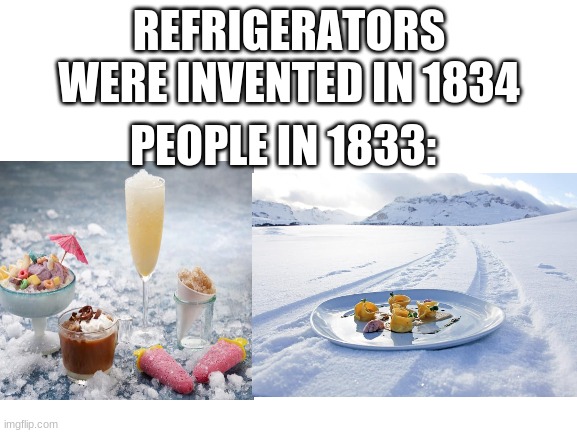 refrigerators | REFRIGERATORS WERE INVENTED IN 1834; PEOPLE IN 1833: | image tagged in winter,snow,food,refrigerator | made w/ Imgflip meme maker