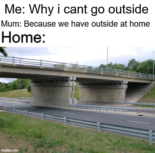 Me: Why i cant go outside; Mum: Because we have outside at home; Home: | image tagged in bridge | made w/ Imgflip meme maker