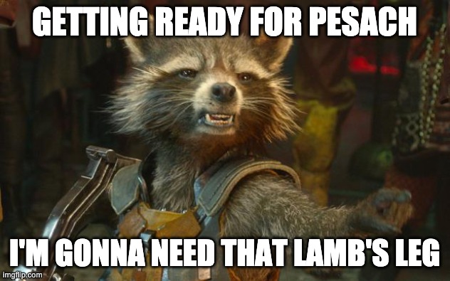 Rocket Raccoon Pesach prep | GETTING READY FOR PESACH; I'M GONNA NEED THAT LAMB'S LEG | image tagged in rocket raccoon,passover,pesach,lamb shank | made w/ Imgflip meme maker