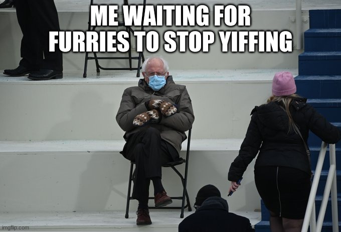 Bernie sitting | ME WAITING FOR FURRIES TO STOP YIFFING | image tagged in bernie sitting | made w/ Imgflip meme maker