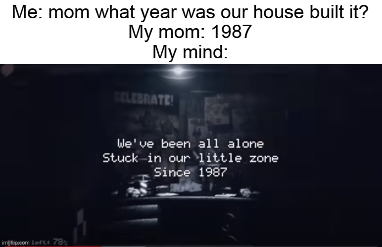 Since 1987 | Me: mom what year was our house built it?
My mom: 1987
My mind: | image tagged in 1987,fnaf,house | made w/ Imgflip meme maker