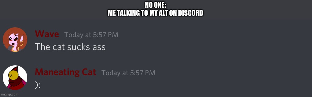 NO ONE:
ME TALKING TO MY ALT ON DISCORD | made w/ Imgflip meme maker