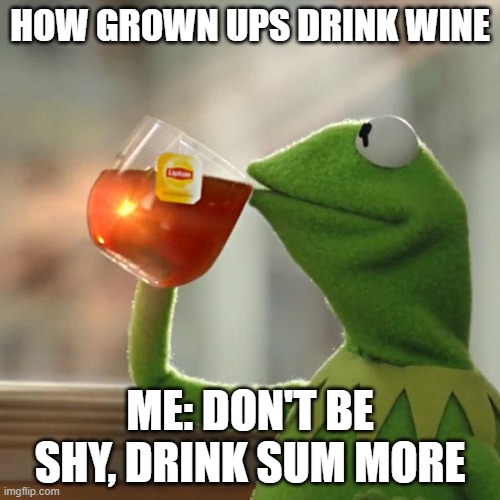 But That's None Of My Business | HOW GROWN UPS DRINK WINE; ME: DON'T BE SHY, DRINK SUM MORE | image tagged in memes,but that's none of my business,kermit the frog | made w/ Imgflip meme maker