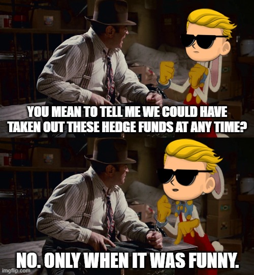 Wall Street Rabbit | YOU MEAN TO TELL ME WE COULD HAVE TAKEN OUT THESE HEDGE FUNDS AT ANY TIME? NO. ONLY WHEN IT WAS FUNNY. | image tagged in roger rabbit,wall street | made w/ Imgflip meme maker