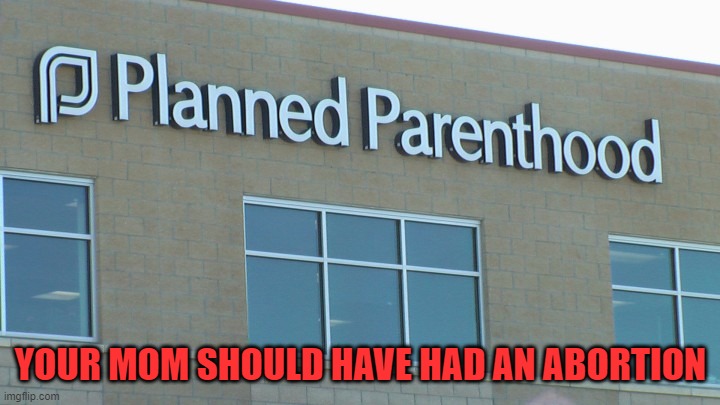 planned abortionhood | YOUR MOM SHOULD HAVE HAD AN ABORTION | image tagged in planned abortionhood | made w/ Imgflip meme maker
