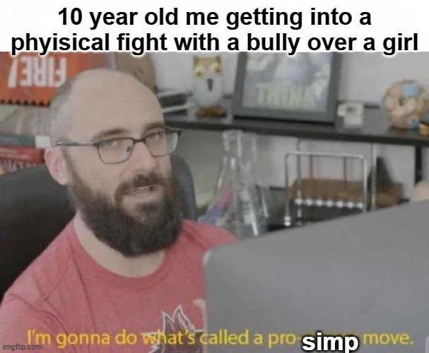 simp | 10 year old me getting into a phyisical fight with a bully over a girl; simp | image tagged in pro gamer move | made w/ Imgflip meme maker
