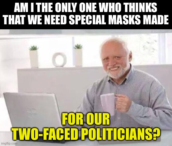 Two-faced politicians | AM I THE ONLY ONE WHO THINKS THAT WE NEED SPECIAL MASKS MADE; FOR OUR TWO-FACED POLITICIANS? | image tagged in harold | made w/ Imgflip meme maker
