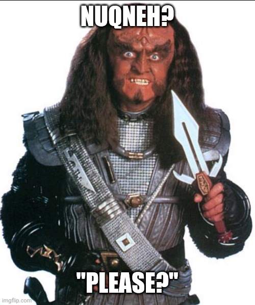 Klingon Warrior | NUQNEH? "PLEASE?" | image tagged in klingon warrior | made w/ Imgflip meme maker