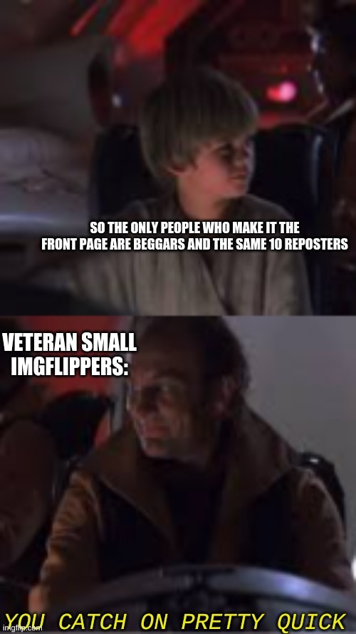 You Catch On Pretty Quick | SO THE ONLY PEOPLE WHO MAKE IT THE FRONT PAGE ARE BEGGARS AND THE SAME 10 REPOSTERS; VETERAN SMALL IMGFLIPPERS: | image tagged in you catch on pretty quick | made w/ Imgflip meme maker