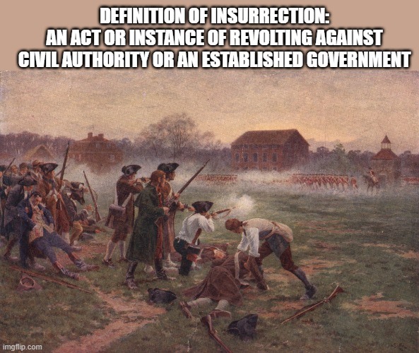 battle of lexington | DEFINITION OF INSURRECTION:
AN ACT OR INSTANCE OF REVOLTING AGAINST CIVIL AUTHORITY OR AN ESTABLISHED GOVERNMENT | image tagged in battle of lexington | made w/ Imgflip meme maker