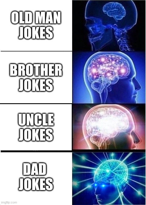 every joke matters | OLD MAN
JOKES; BROTHER
JOKES; UNCLE
JOKES; DAD 
JOKES | image tagged in memes,expanding brain | made w/ Imgflip meme maker