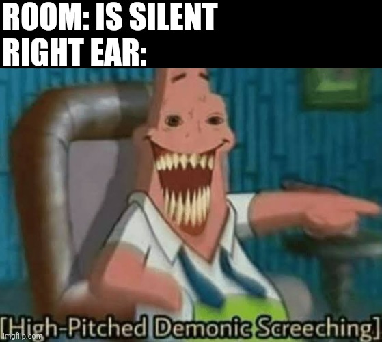 High-Pitched Demonic Screeching | ROOM: IS SILENT 
RIGHT EAR: | image tagged in high-pitched demonic screeching | made w/ Imgflip meme maker