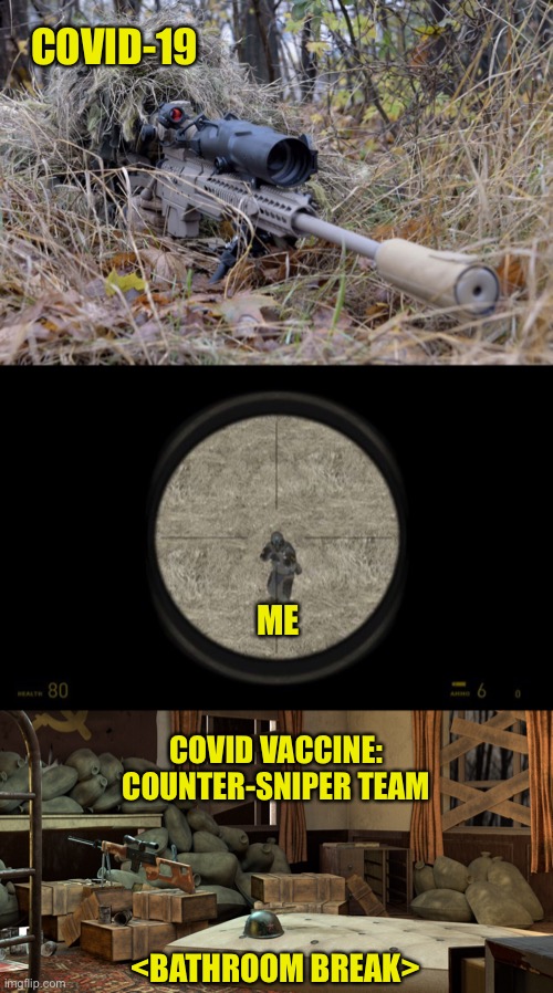 Take The Shot! | COVID-19; ME; COVID VACCINE:
COUNTER-SNIPER TEAM; <BATHROOM BREAK> | image tagged in covid19,vaccine,shortage | made w/ Imgflip meme maker