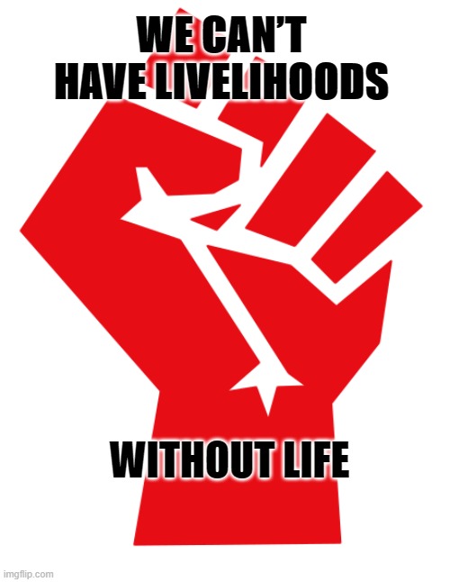 We can’t have livelihoods without life ✊ | WE CAN’T HAVE LIVELIHOODS; WITHOUT LIFE | image tagged in covid-19,the struggle is real,life,work | made w/ Imgflip meme maker
