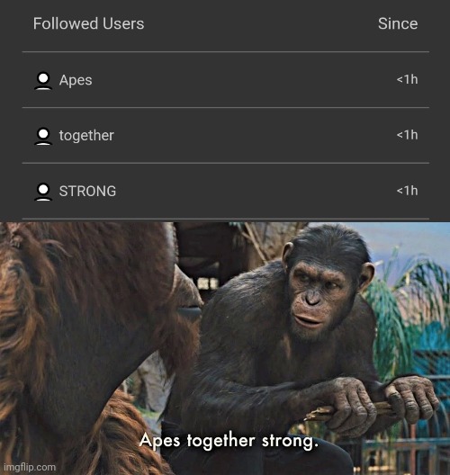 apes together strong | image tagged in ape together strong | made w/ Imgflip meme maker