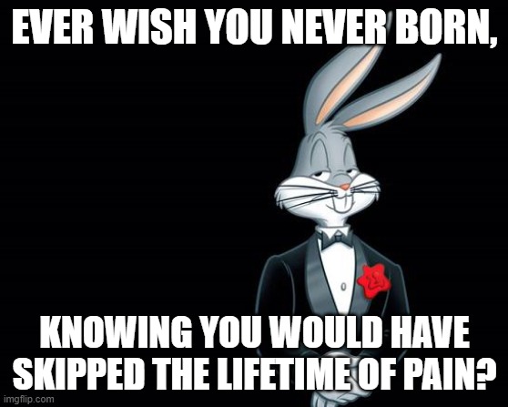 Ever wish | EVER WISH YOU NEVER BORN, KNOWING YOU WOULD HAVE SKIPPED THE LIFETIME OF PAIN? | image tagged in bugs bunny i wish | made w/ Imgflip meme maker