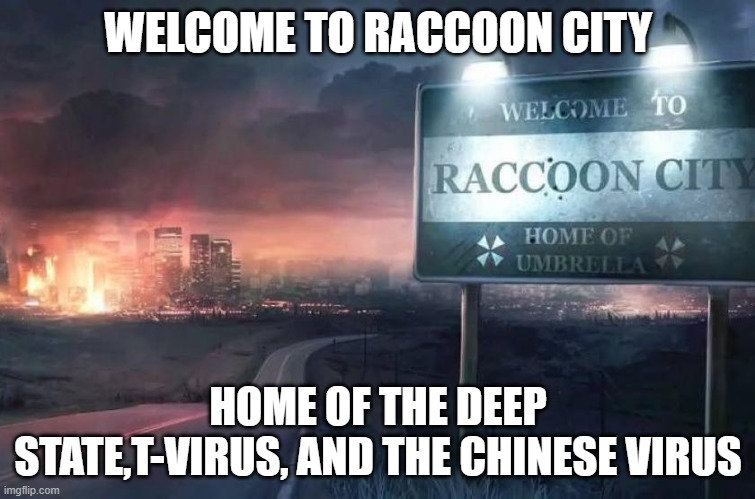 Think Resident Evil | WELCOME TO RACCOON CITY; HOME OF THE DEEP STATE,T-VIRUS, AND THE CHINESE VIRUS | image tagged in raccoon city | made w/ Imgflip meme maker