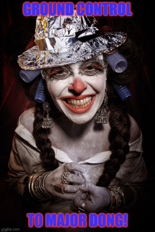 Clownville Mother Smiling  tin foil hat Clown | GROUND CONTROL TO MAJOR DONG! | image tagged in clownville mother smiling tin foil hat clown | made w/ Imgflip meme maker