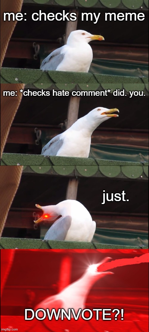Inhaling Seagull Meme | me: checks my meme me: *checks hate comment* did. you. just. DOWNVOTE?! | image tagged in memes,inhaling seagull | made w/ Imgflip meme maker