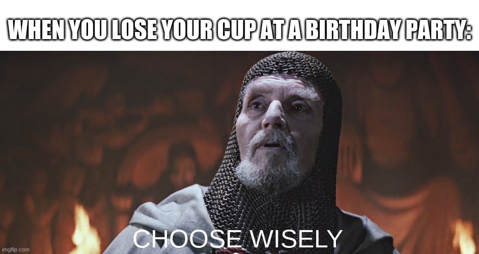 choose wisely | WHEN YOU LOSE YOUR CUP AT A BIRTHDAY PARTY:; CHOOSE WISELY | image tagged in choose wisely | made w/ Imgflip meme maker