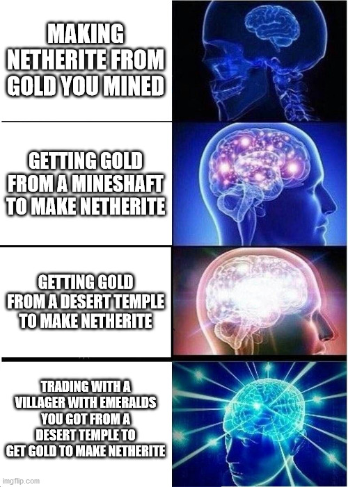 Expanding Brain | MAKING NETHERITE FROM GOLD YOU MINED; GETTING GOLD FROM A MINESHAFT TO MAKE NETHERITE; GETTING GOLD FROM A DESERT TEMPLE TO MAKE NETHERITE; TRADING WITH A VILLAGER WITH EMERALDS YOU GOT FROM A DESERT TEMPLE TO GET GOLD TO MAKE NETHERITE | image tagged in memes,expanding brain | made w/ Imgflip meme maker