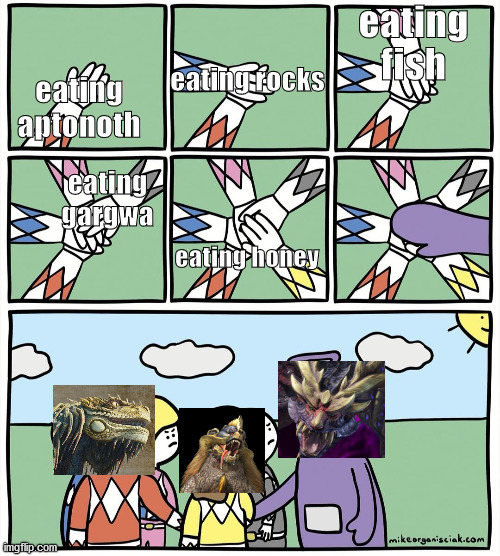 Teletubies | eating fish; eating rocks; eating aptonoth; eating gargwa; eating honey | image tagged in teletubies,MemeHunter | made w/ Imgflip meme maker