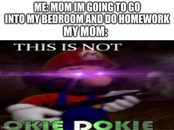 ME: MOM IM GOING TO GO INTO MY BEDROOM AND DO HOMEWORK; MY MOM: | image tagged in funny | made w/ Imgflip meme maker