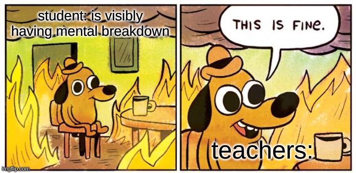 this is fine. | student: is visibly having mental breakdown; teachers: | image tagged in memes,this is fine | made w/ Imgflip meme maker