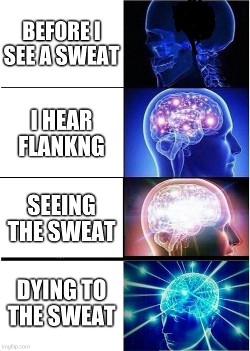 A build up | BEFORE I SEE A SWEAT; I HEAR FLANKNG; SEEING THE SWEAT; DYING TO THE SWEAT | image tagged in memes,expanding brain | made w/ Imgflip meme maker