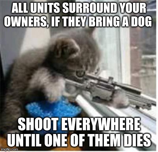 cats with guns | ALL UNITS SURROUND YOUR OWNERS, IF THEY BRING A DOG; SHOOT EVERYWHERE UNTIL ONE OF THEM DIES | image tagged in cats with guns | made w/ Imgflip meme maker