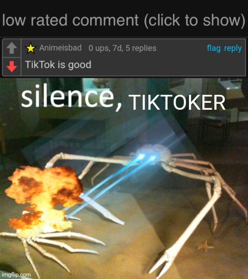 I wish he get his mod removed from anti-anime stream | TIKTOKER | image tagged in low rated comment dark mode version,silence crab,anime,tiktok | made w/ Imgflip meme maker