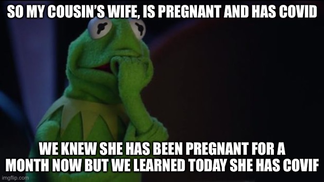 Kermit worried face | SO MY COUSIN’S WIFE, IS PREGNANT AND HAS COVID; WE KNEW SHE HAS BEEN PREGNANT FOR A MONTH NOW BUT WE LEARNED TODAY SHE HAS COVID | image tagged in kermit worried face | made w/ Imgflip meme maker