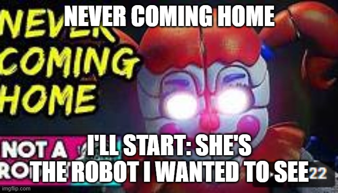 Never Coming Home | NEVER COMING HOME; I'LL START: SHE'S THE ROBOT I WANTED TO SEE | image tagged in fnaf sister location,song lyrics,never,coming,home,baby | made w/ Imgflip meme maker