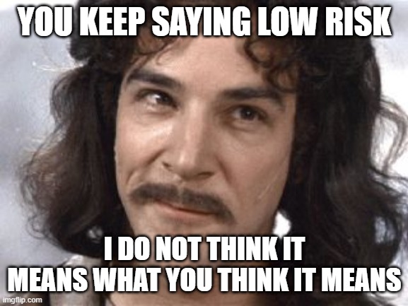 I Do Not Think That Means What You Think It Means | YOU KEEP SAYING LOW RISK; I DO NOT THINK IT MEANS WHAT YOU THINK IT MEANS | image tagged in i do not think that means what you think it means | made w/ Imgflip meme maker