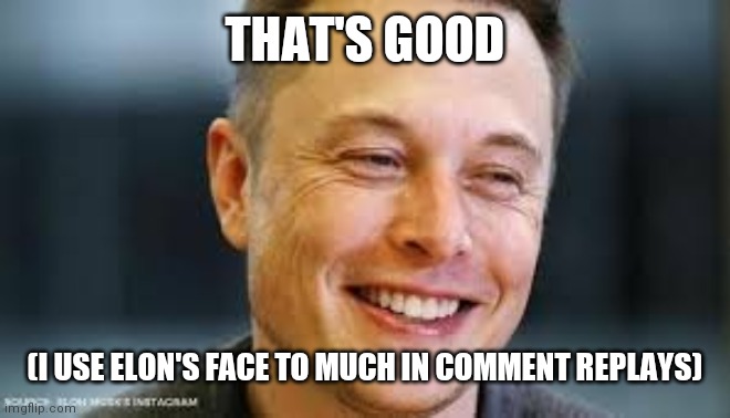 happy musk | THAT'S GOOD (I USE ELON'S FACE TO MUCH IN COMMENT REPLAYS) | image tagged in happy musk | made w/ Imgflip meme maker