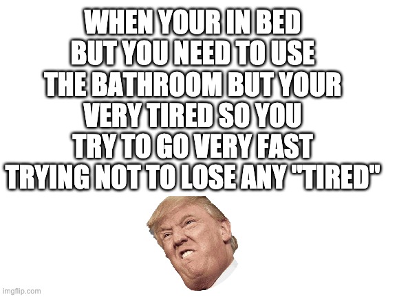 ok this can't just be me |  WHEN YOUR IN BED BUT YOU NEED TO USE THE BATHROOM BUT YOUR VERY TIRED SO YOU TRY TO GO VERY FAST TRYING NOT TO LOSE ANY "TIRED" | image tagged in blank white template,trump,relatable,tired | made w/ Imgflip meme maker