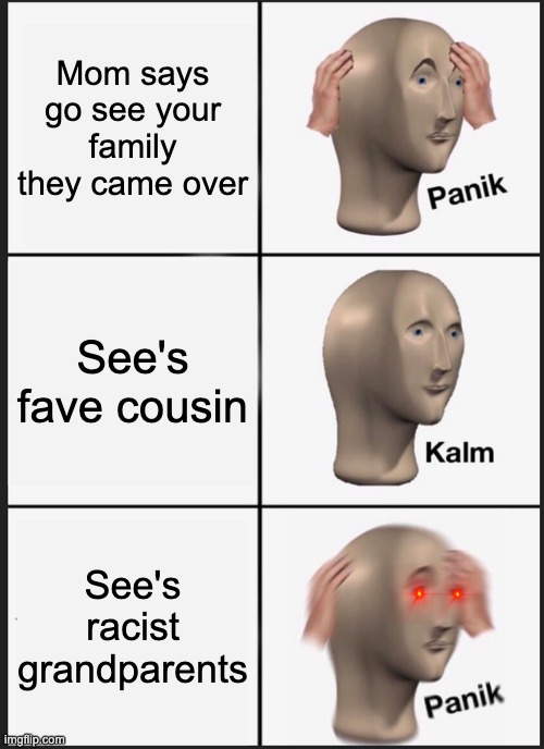 Panik Kalm Panik |  Mom says go see your family they came over; See's fave cousin; See's racist grandparents | image tagged in memes,panik kalm panik | made w/ Imgflip meme maker