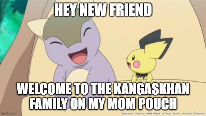 Kangaskhan and pichu | HEY NEW FRIEND; WELCOME TO THE KANGASKHAN FAMILY ON MY MOM POUCH | image tagged in pokemon | made w/ Imgflip meme maker