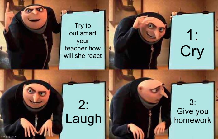 Gru's Plan | Try to out smart your teacher how will she react; 1: Cry; 2: Laugh; 3: Give you homework | image tagged in memes,gru's plan | made w/ Imgflip meme maker