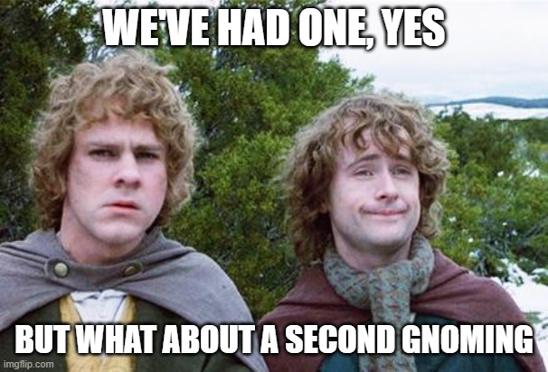 Second Breakfast | WE'VE HAD ONE, YES; BUT WHAT ABOUT A SECOND GNOMING | image tagged in second breakfast | made w/ Imgflip meme maker