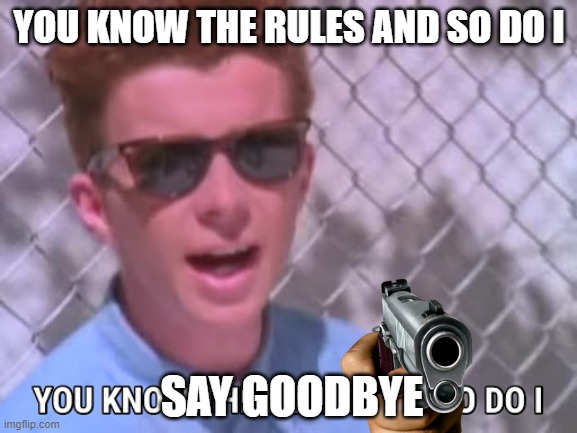 Rick astley you know the rules | YOU KNOW THE RULES AND SO DO I; SAY GOODBYE | image tagged in rick astley you know the rules | made w/ Imgflip meme maker