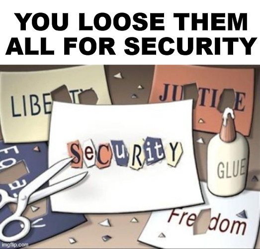 YOU LOOSE THEM ALL FOR SECURITY | image tagged in political meme | made w/ Imgflip meme maker